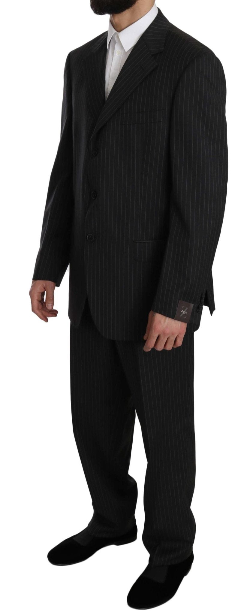 Z ZEGNA Black Striped Two Piece 3 Button 100% Wool Suit - Fizigo